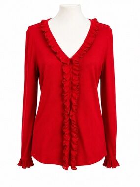 Pursuits Red V Neck Ruffle Beaded Silk Blend Long Sleeve Women’s Cardigan Medium